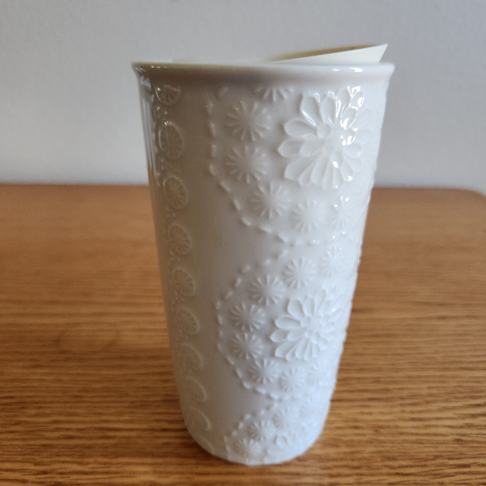 Starbucks White Embossed Ceramic Tumbler w/Lid - Picture 4 of 8